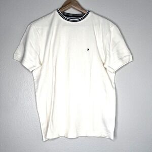 Tommy Hilfiger Vintage Y2K Men's Cream Textured Polo Shirt Short Sleeve Small S‎